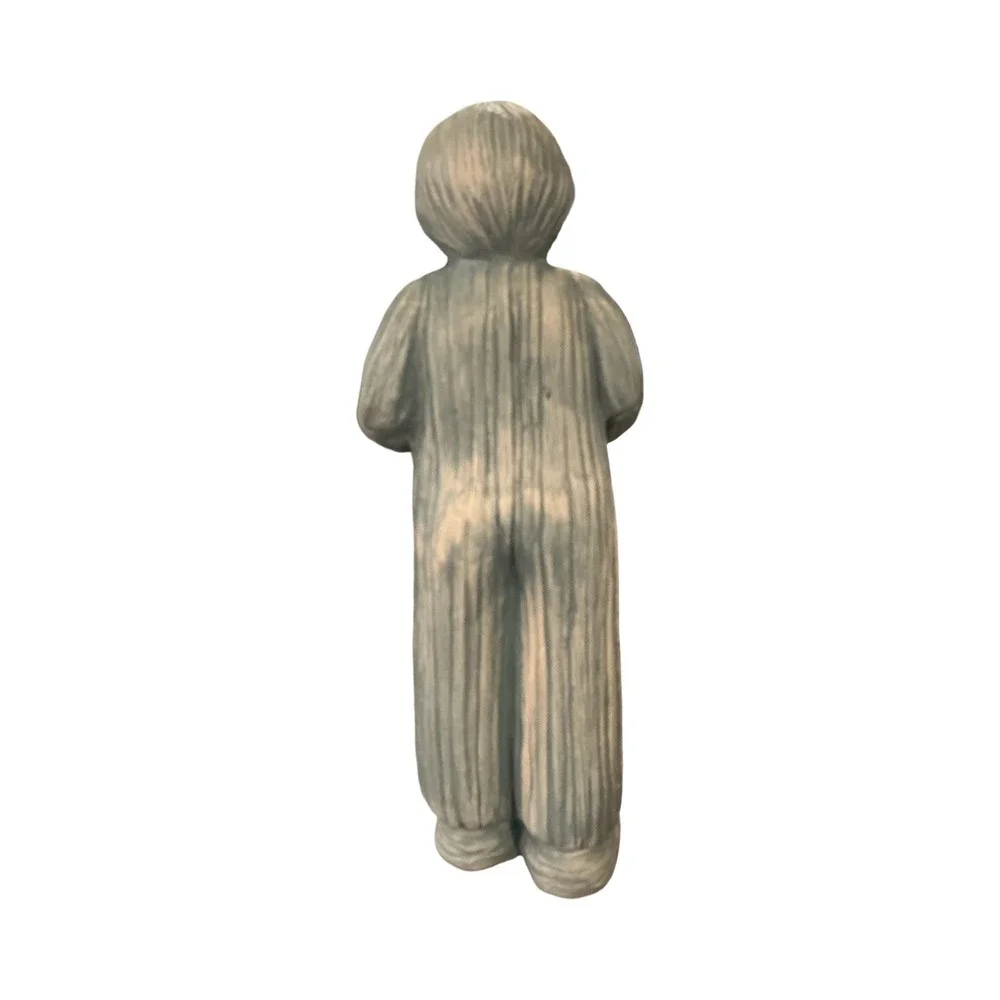 Vintage Ceramic Faceless Boy in Overalls Figurine Blue Grey Rustic Art 10.5